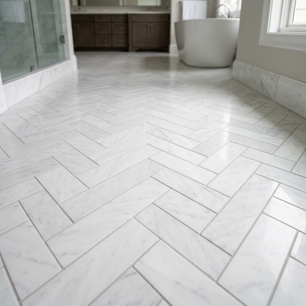 Herringbone marble floor tiling