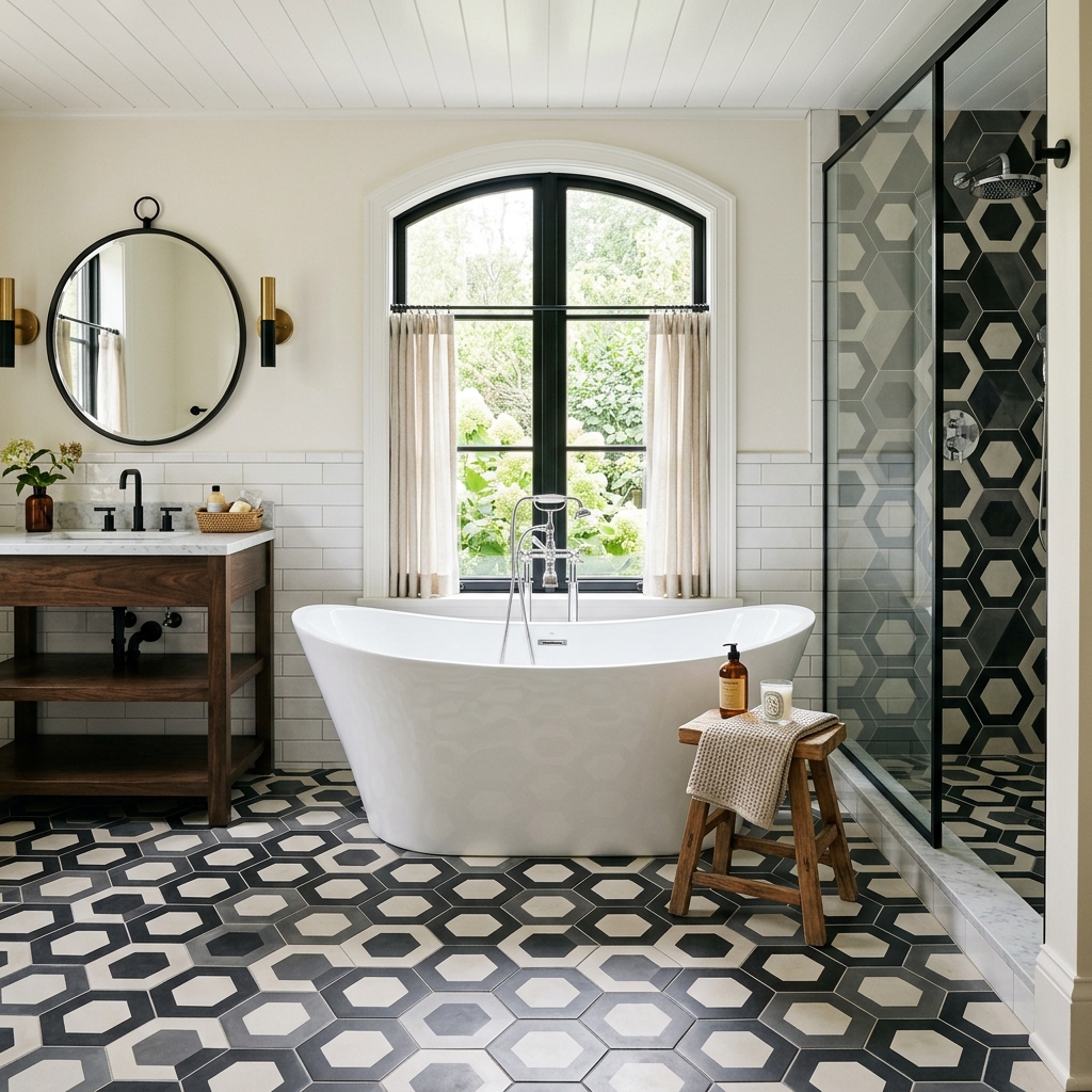 Geometric Hexagon Patterned Floor Tile